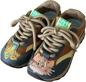 Hand-Painted Cat Design Fashion Sneakers, Platform Casual Walking Shoes, Retro Patchwork Style