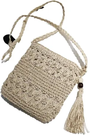 Handbag for Women Beach Woven Straw Shoulder Bag with Tassel Boho Hollow Crochet Crossbody Bag