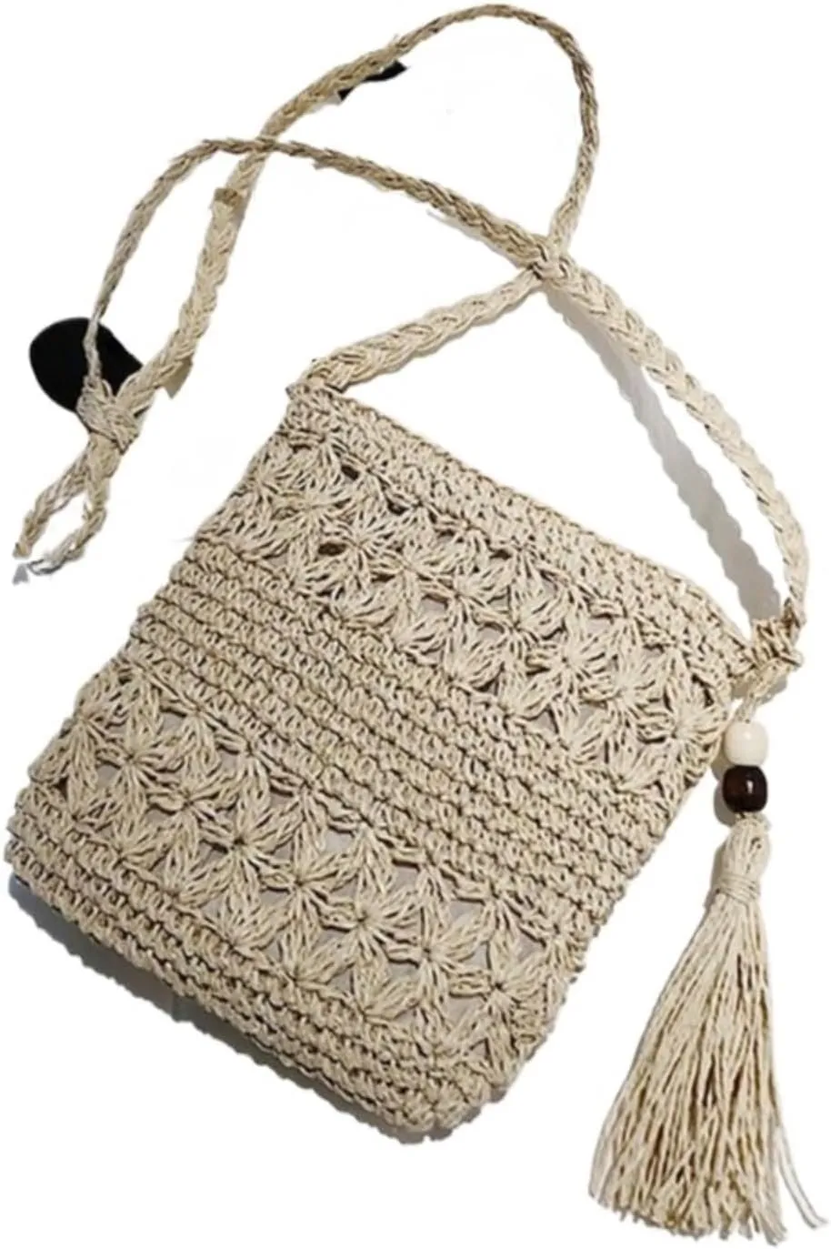 Handbag for Women Beach Woven Straw Shoulder Bag with Tassel Boho Hollow Crochet Crossbody Bag