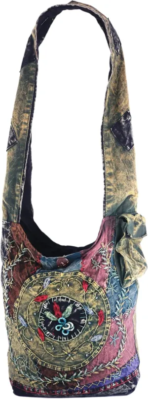 Handmade Cotton Jacquard Crossbody Bag, Large Size, Top Zip Closure, Embroidered Hobo Purse, Patchwork Design