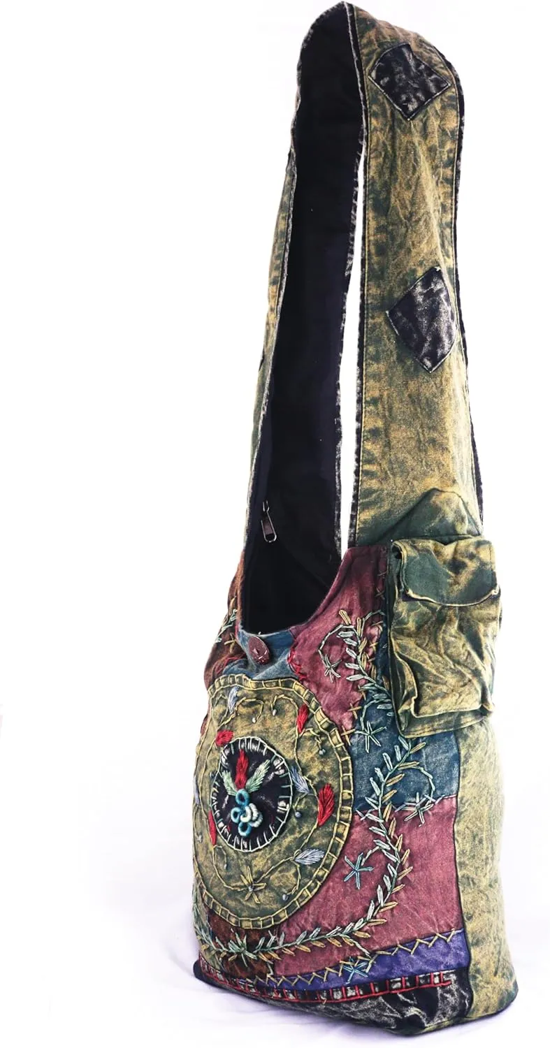 Handmade Cotton Jacquard Crossbody Bag, Large Size, Top Zip Closure, Embroidered Hobo Purse, Patchwork Design