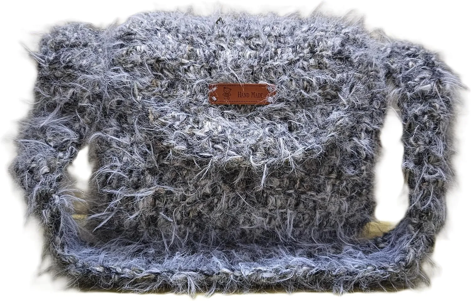 Handmade Fuzzy Knit Crossbody Bag, Gray Fluffy Shoulder Purse with Leather Tag