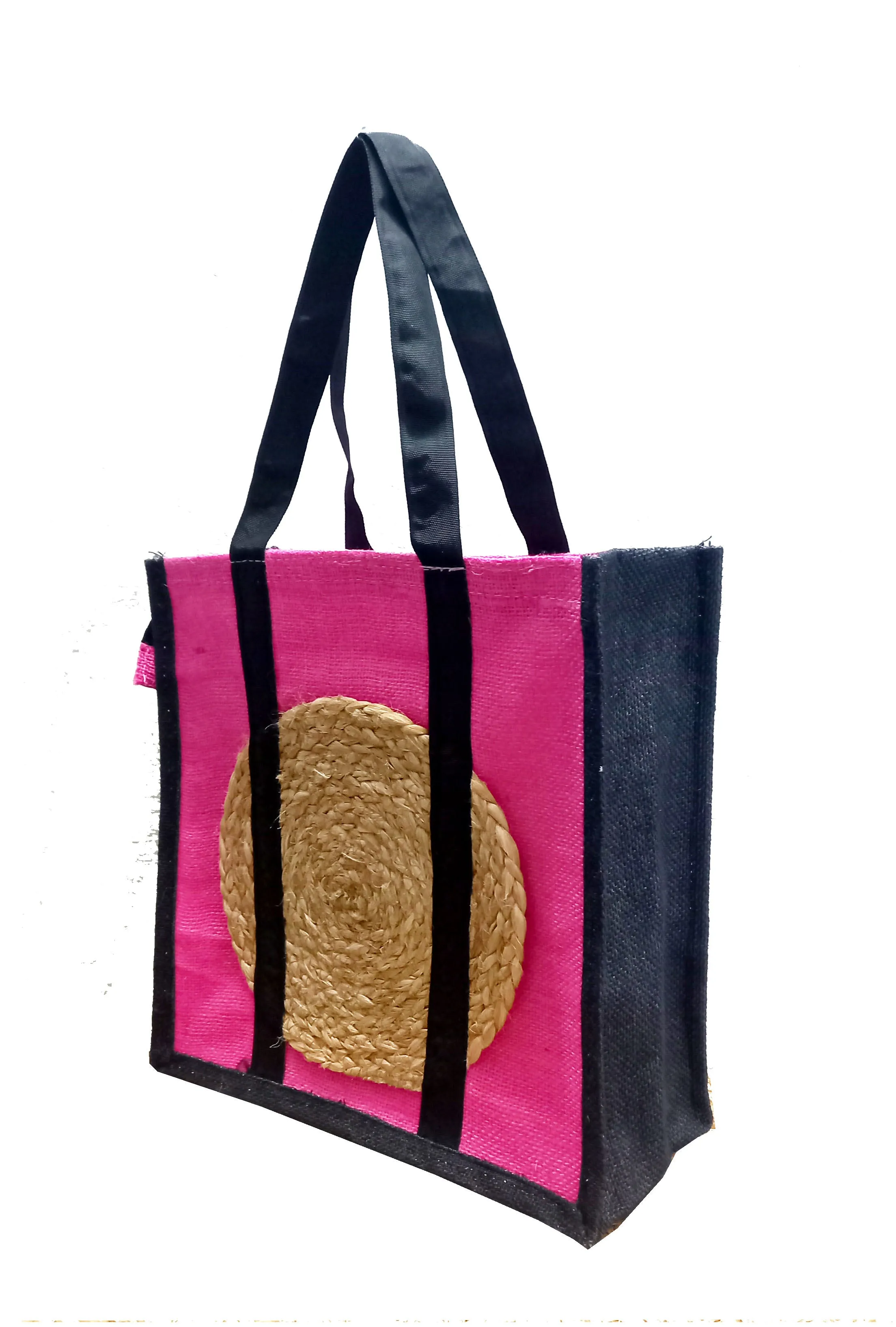Handmakers Black & Pink Natural Jute Bags for Shopping Bags, Travel Bags, Office Bags,Gift Bags
