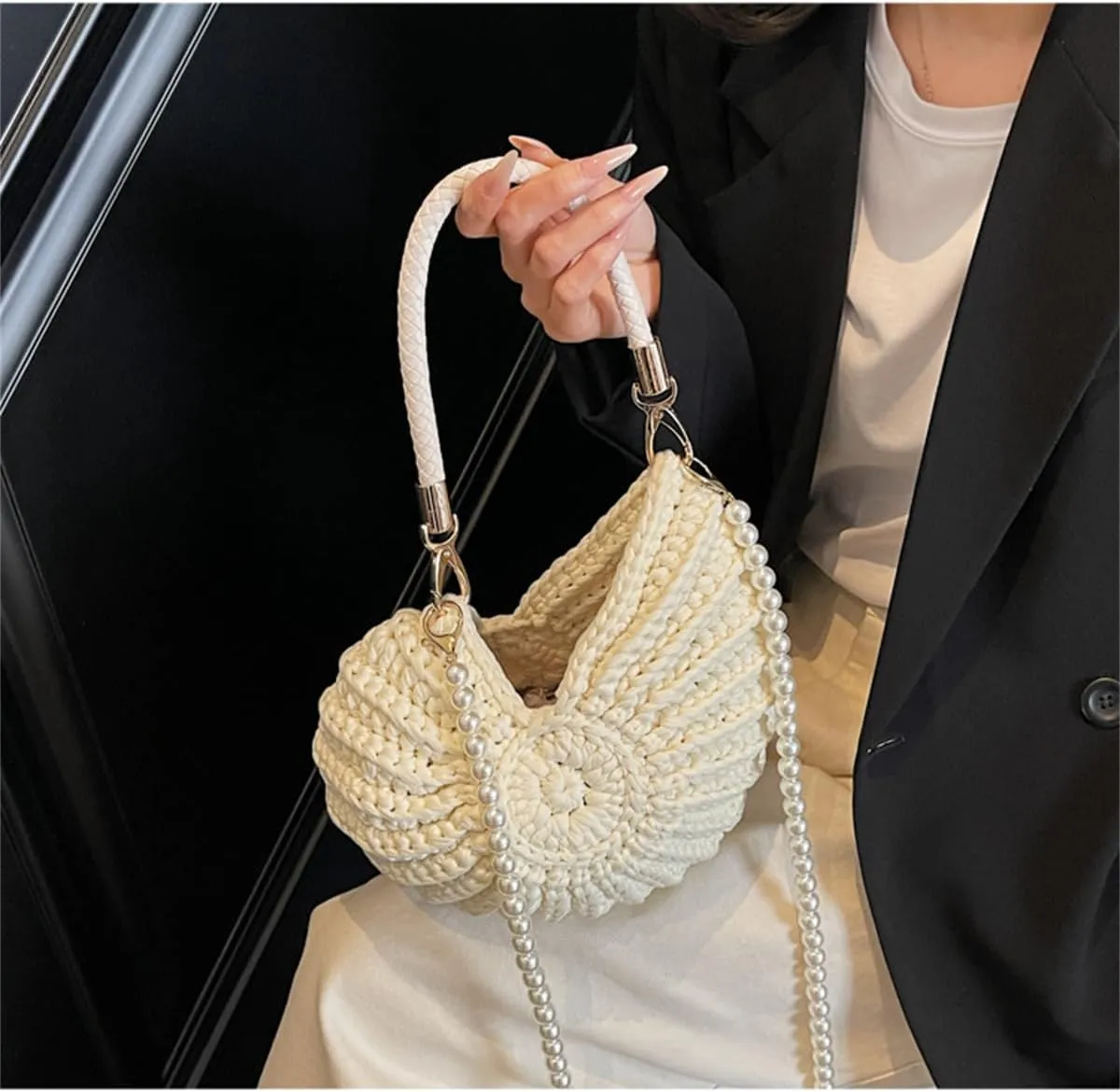 Handwoven Fashion Seashell Bag for Women,Stylish & Unique Boho Clutch with Pearl Strap,Crochet Leather Handle Beach Bag