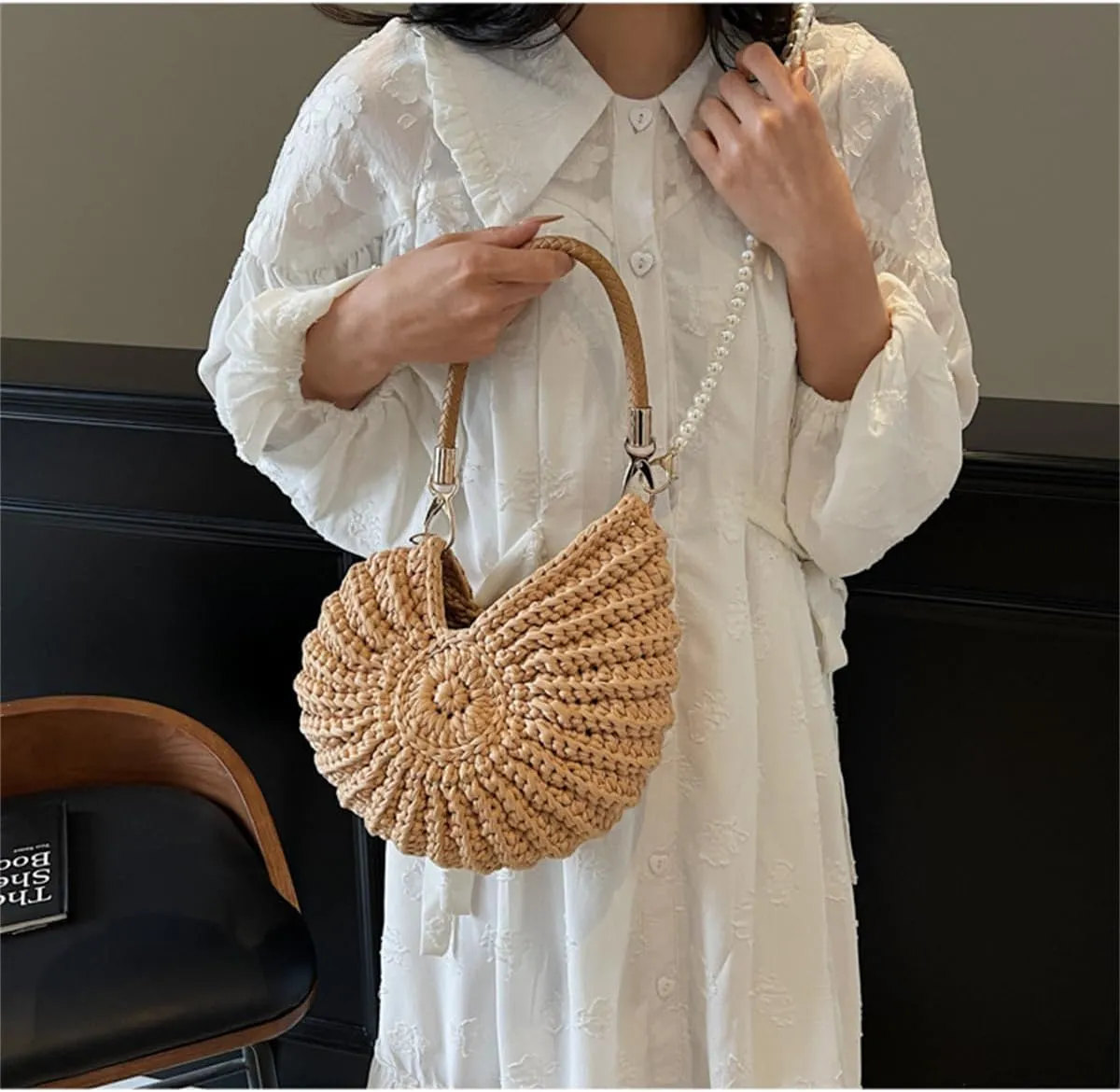 Handwoven Fashion Seashell Bag for Women,Stylish & Unique Boho Clutch with Pearl Strap,Crochet Leather Handle Beach Bag