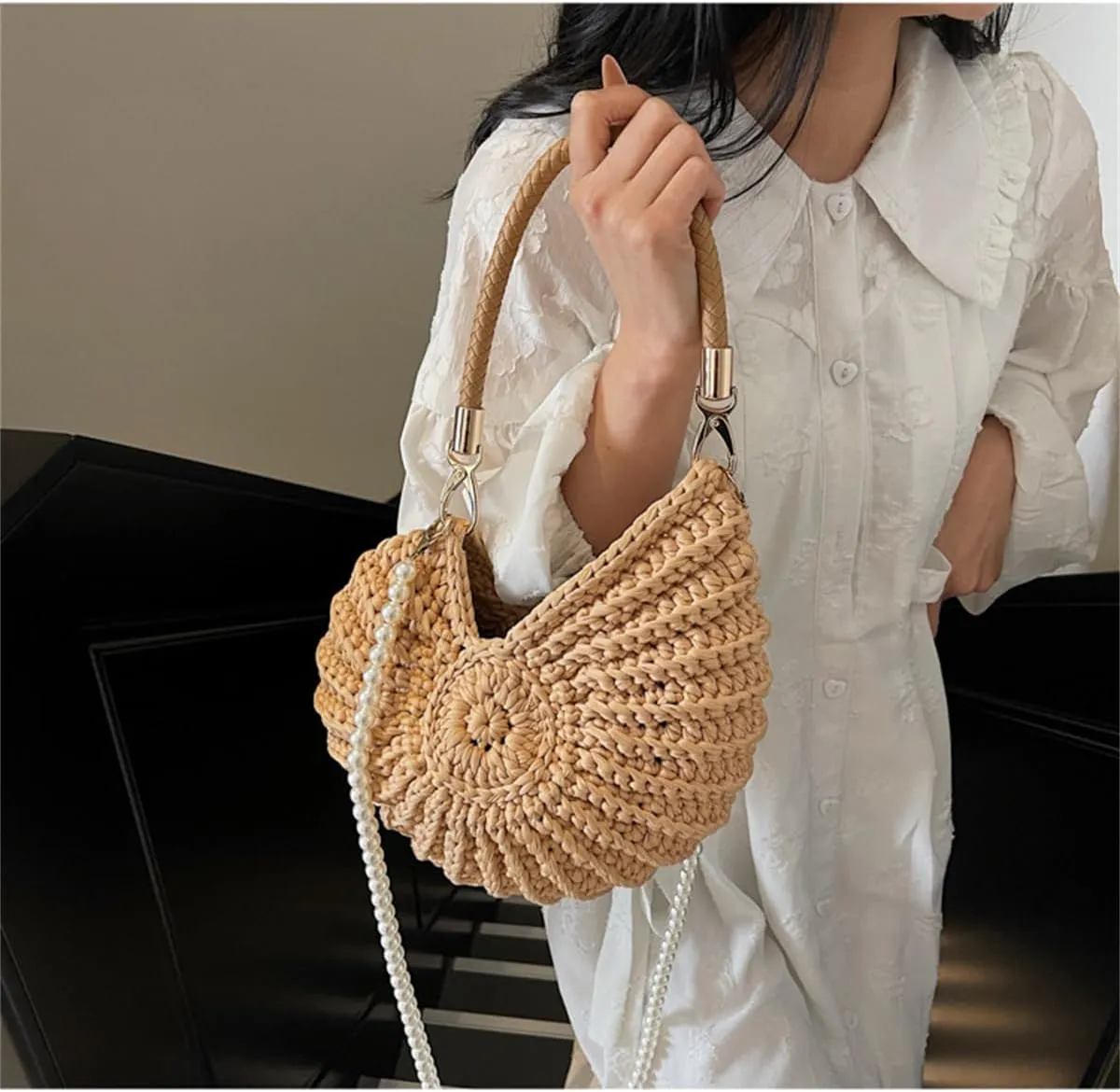 Handwoven Fashion Seashell Bag for Women,Stylish & Unique Boho Clutch with Pearl Strap,Crochet Leather Handle Beach Bag