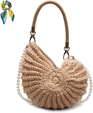 Handwoven Fashion Seashell Bag for Women,Stylish & Unique Boho Clutch with Pearl Strap,Crochet Leather Handle Beach Bag