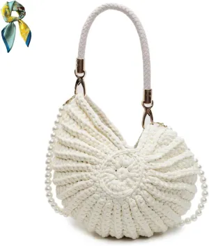 Handwoven Fashion Seashell Bag for Women,Stylish & Unique Boho Clutch with Pearl Strap,Crochet Leather Handle Beach Bag