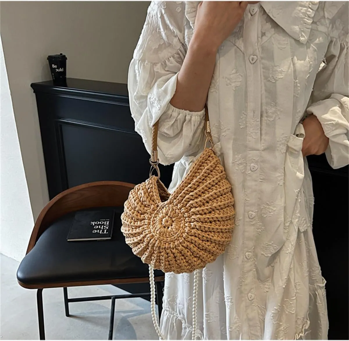 Handwoven Fashion Seashell Bag for Women,Stylish & Unique Boho Clutch with Pearl Strap,Crochet Leather Handle Beach Bag