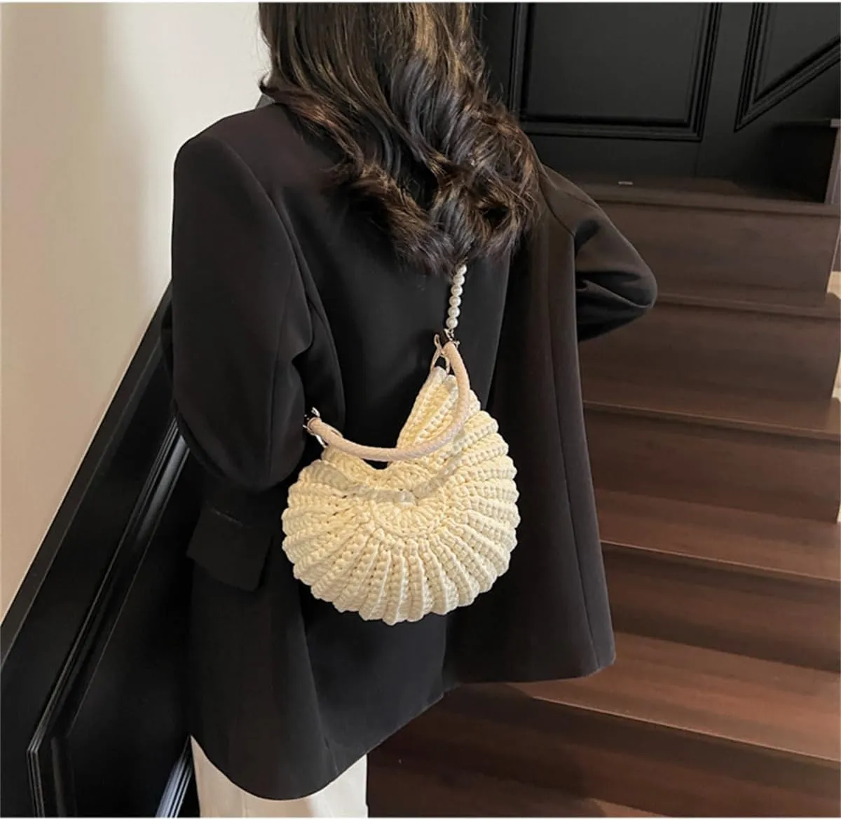 Handwoven Fashion Seashell Bag for Women,Stylish & Unique Boho Clutch with Pearl Strap,Crochet Leather Handle Beach Bag