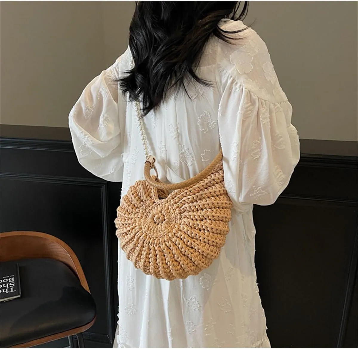 Handwoven Fashion Seashell Bag for Women,Stylish & Unique Boho Clutch with Pearl Strap,Crochet Leather Handle Beach Bag
