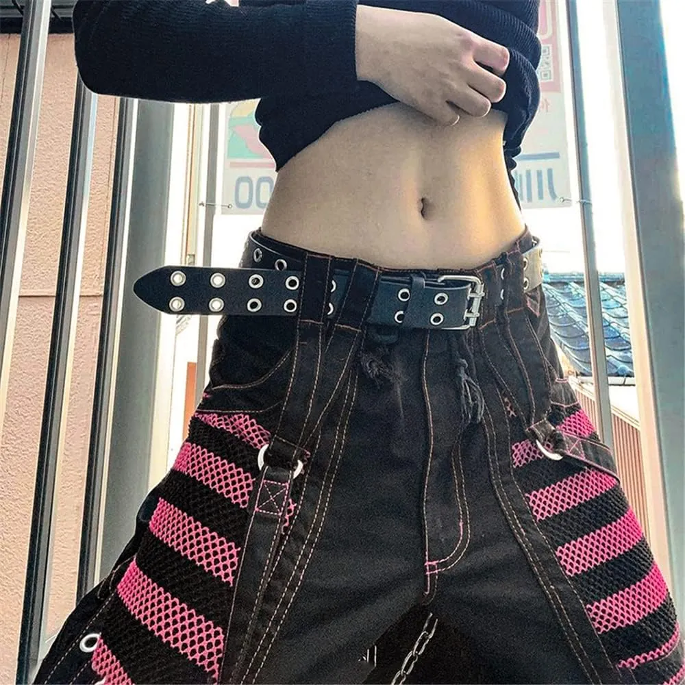 Harajuku Gothic Fashion Patchwork Black Jeans Punk Grunge Aesthetic Women Autumn Electro Pants Emo Printed Streetwear