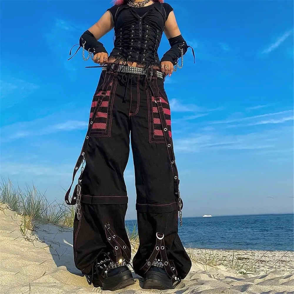 Harajuku Gothic Fashion Patchwork Black Jeans Punk Grunge Aesthetic Women Autumn Electro Pants Emo Printed Streetwear