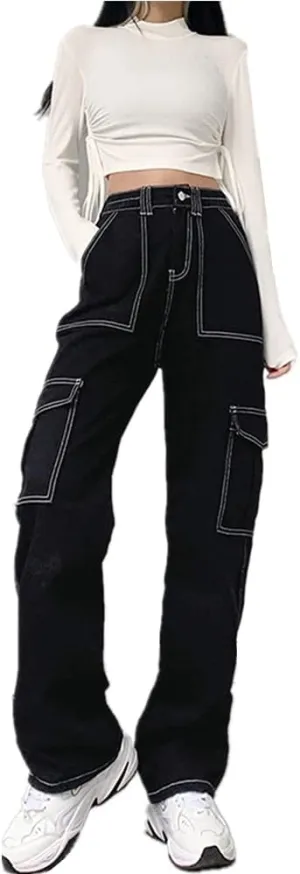 Harajuku Gothic Fashion Patchwork Black Jeans Punk Grunge Aesthetic Women Autumn Electro Pants Emo Printed Streetwear