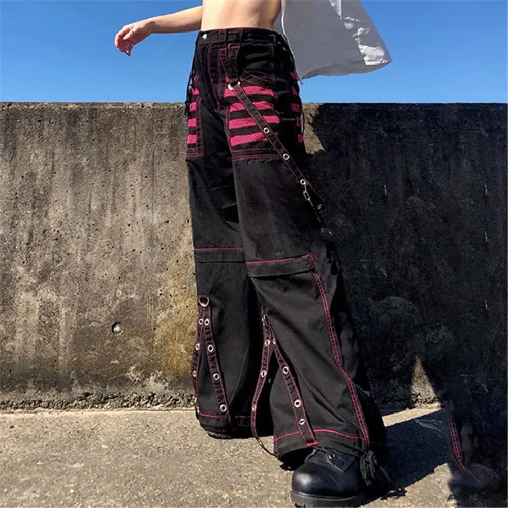 Harajuku Gothic Fashion Patchwork Black Jeans Punk Grunge Aesthetic Women Autumn Electro Pants Emo Printed Streetwear