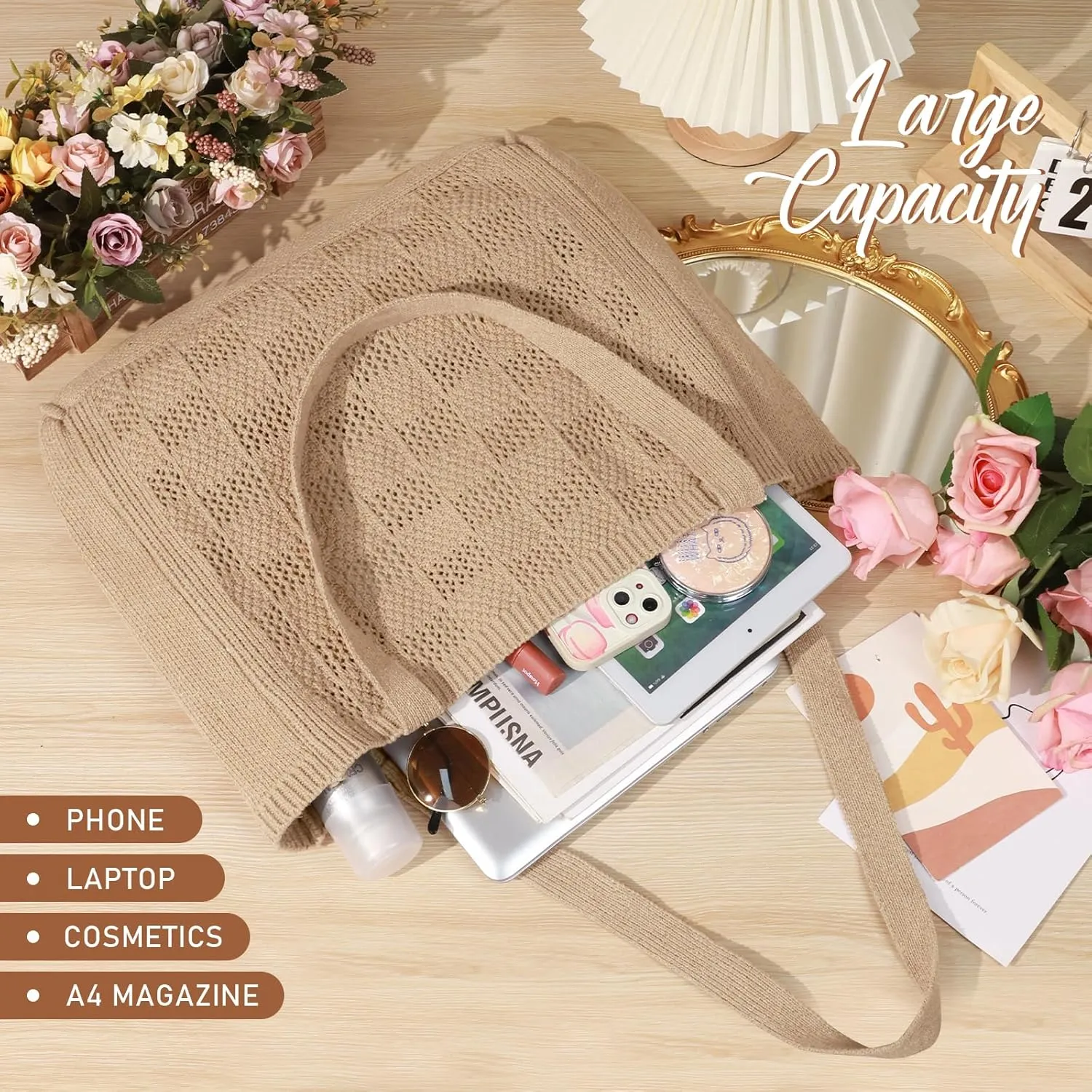 hatisan Crochet Bags for Women - Large Tote Aesthetic Handbag Shoulder Hippie Knit Bag