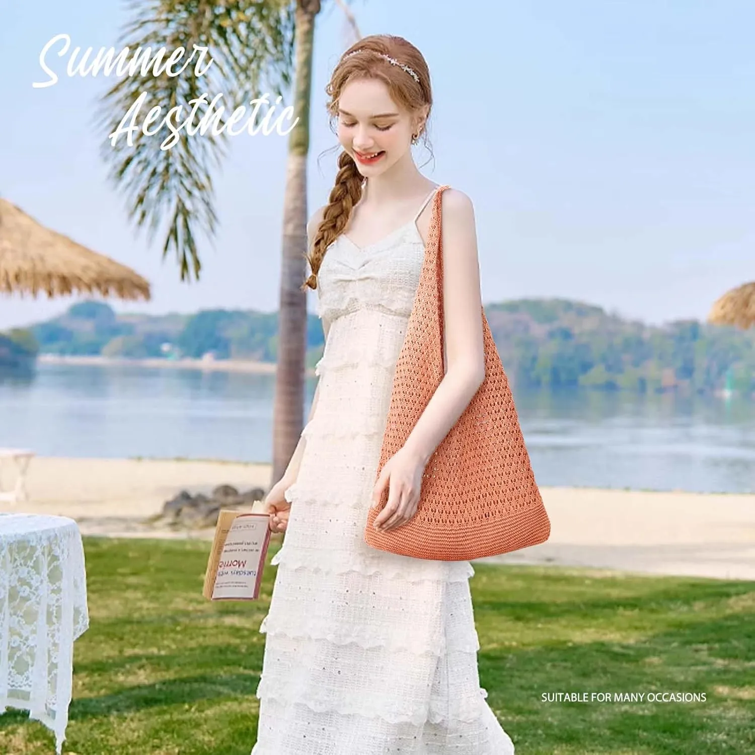 hatisan Crochet Bags for Women - Summer Beach Tote, Aesthetic Hippie Knit Bag
