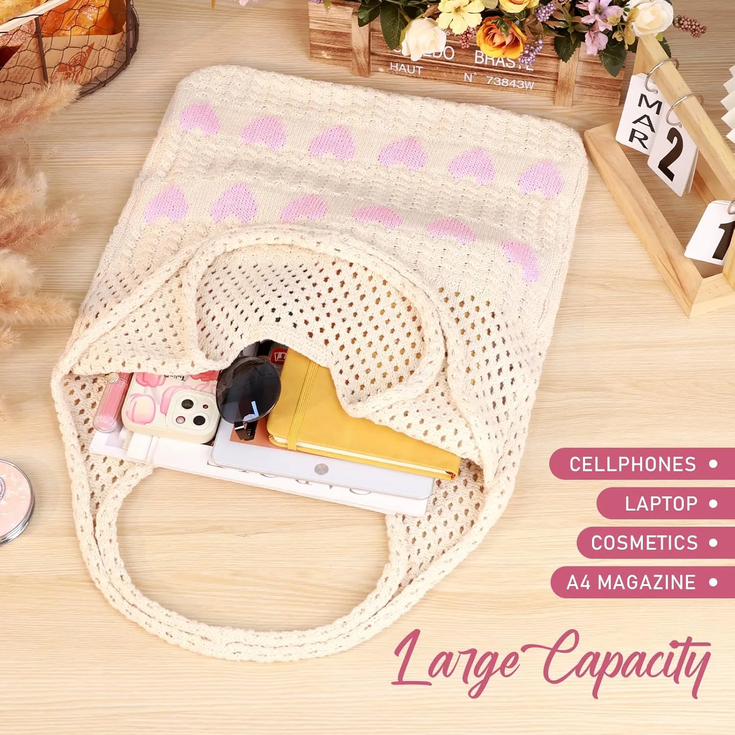 hatisan Crochet Bags for Women - Summer Beach Tote, Aesthetic Hippie Knit Bag