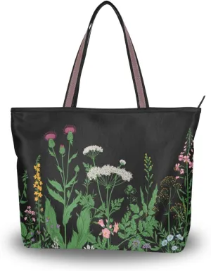 Herbs and Wild Flowers Fashion Shoulder Bags Tote Bags Handbags For Women, L