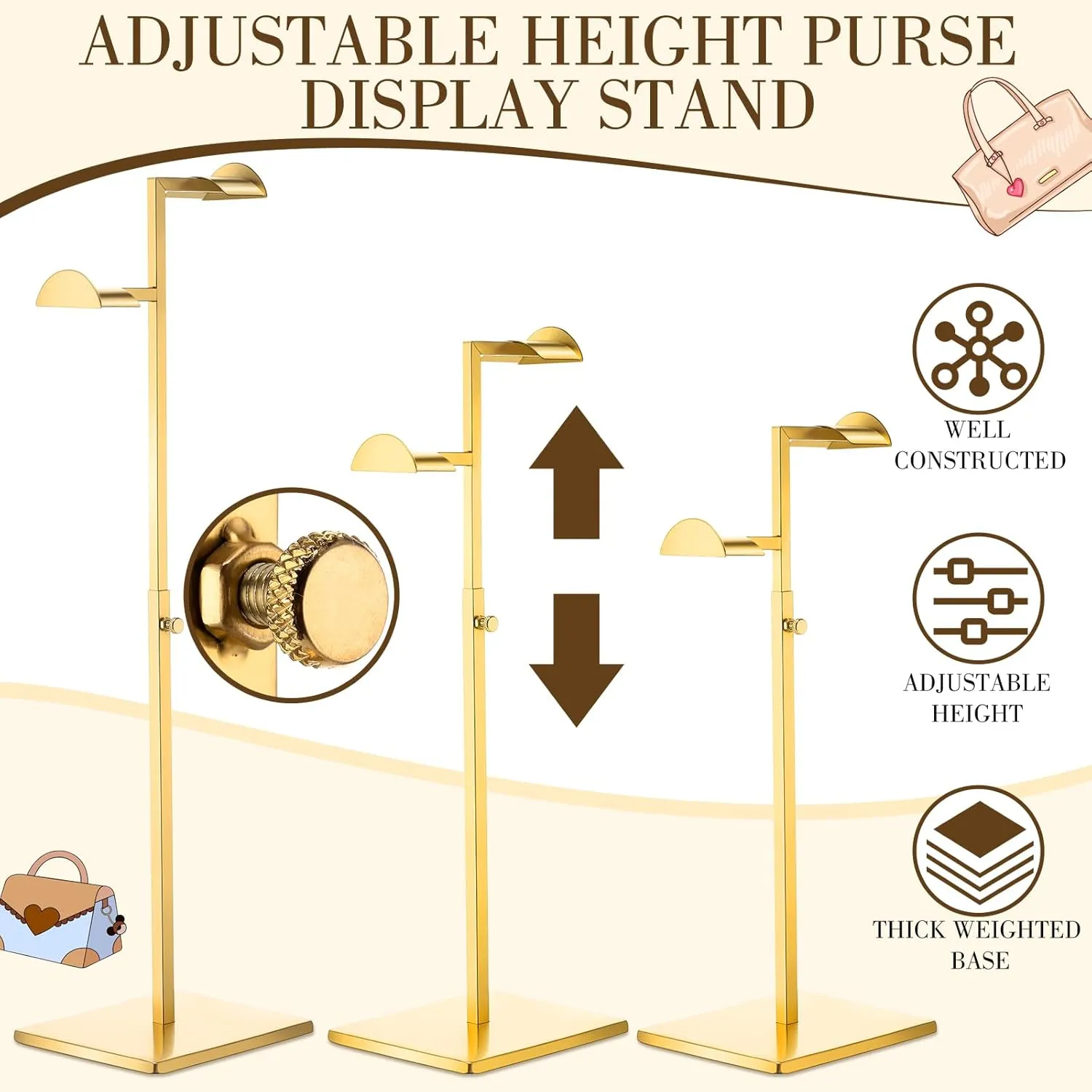 Hicarer Stainless Steel Purse Display Stand Adjustable Height Handbag Display Stand Hanging Double Hook Polished Hanger Bag Holder Hat Jewelry Rack for Boutique Store(Gold,4 Pcs)