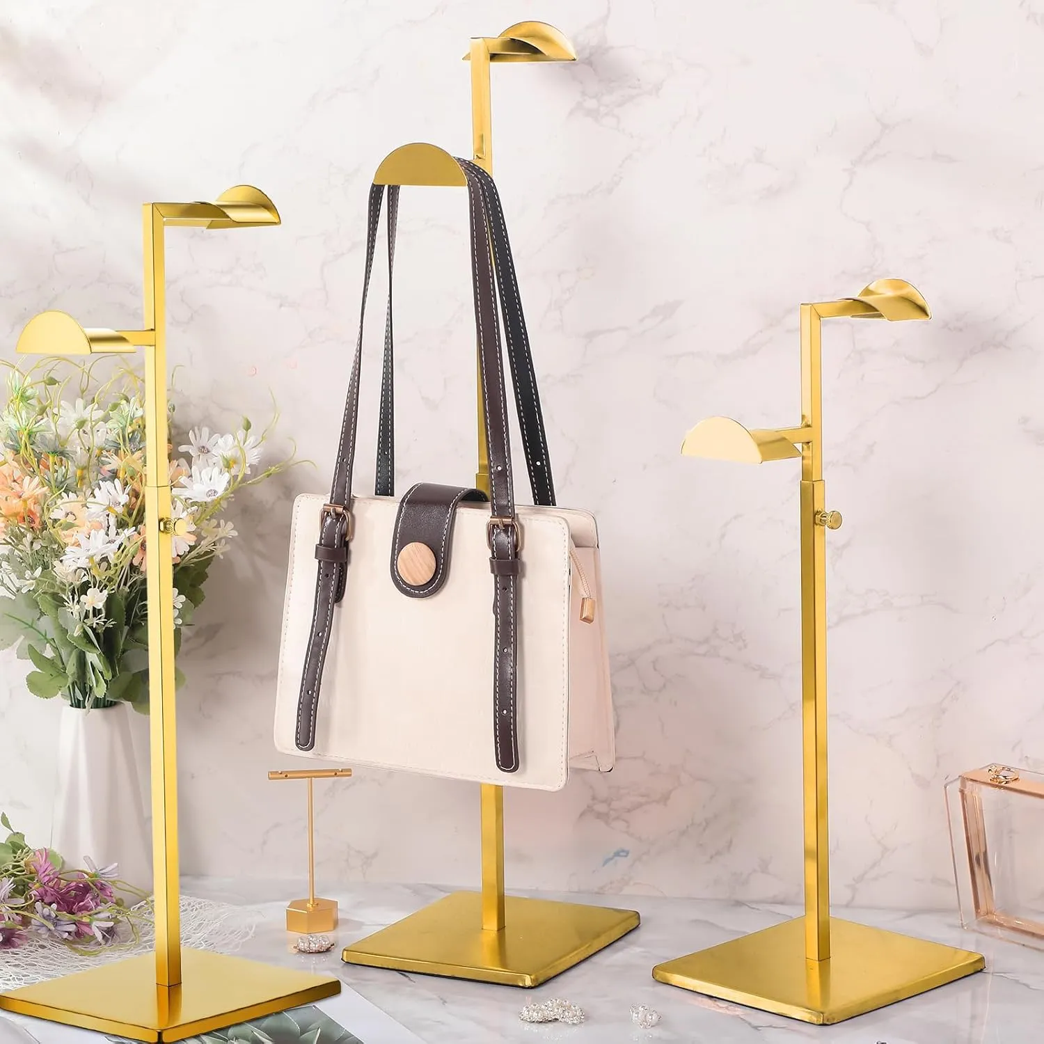 Hicarer Stainless Steel Purse Display Stand Adjustable Height Handbag Display Stand Hanging Double Hook Polished Hanger Bag Holder Hat Jewelry Rack for Boutique Store(Gold,4 Pcs)