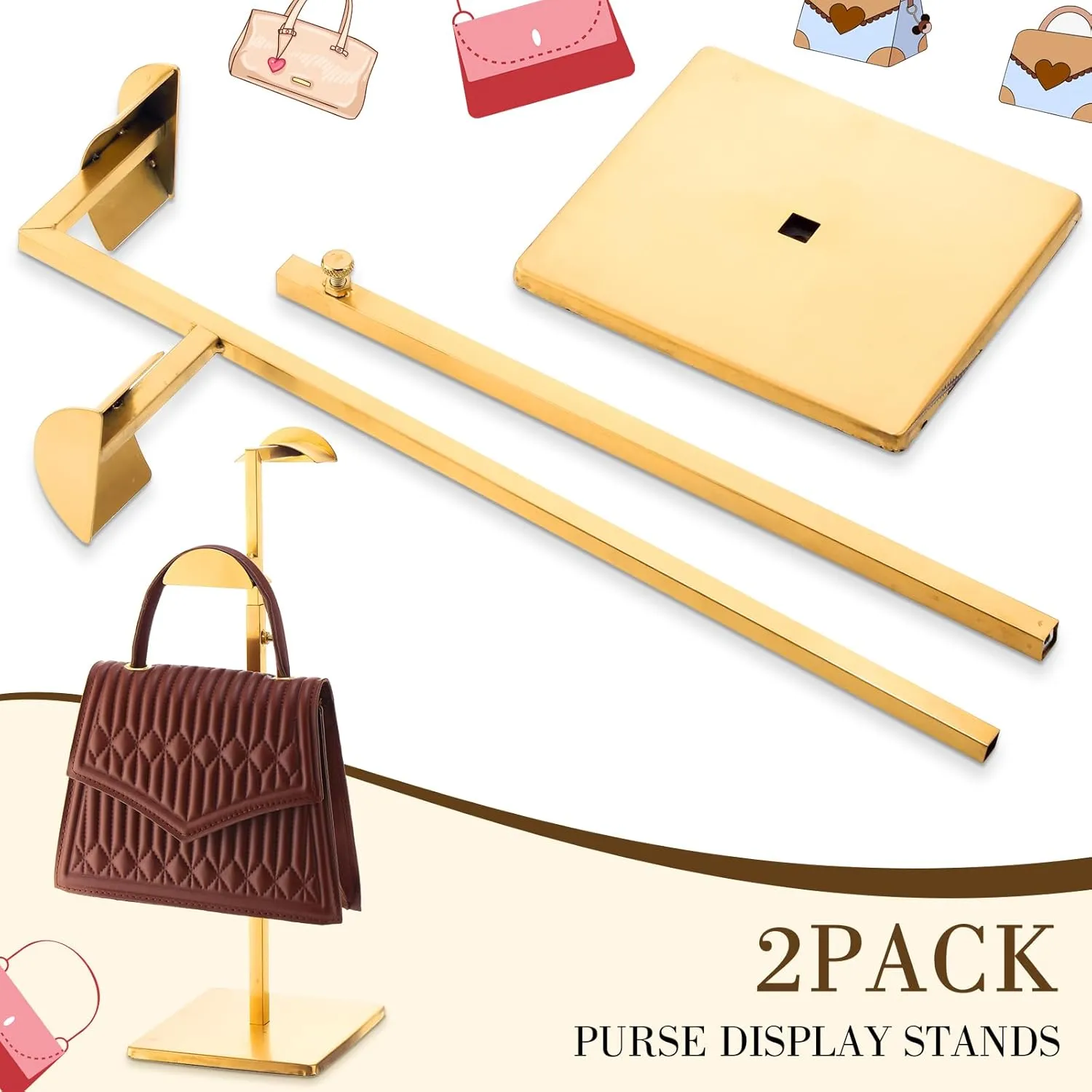 Hicarer Stainless Steel Purse Display Stand Adjustable Height Handbag Display Stand Hanging Double Hook Polished Hanger Bag Holder Hat Jewelry Rack for Boutique Store(Gold,4 Pcs)