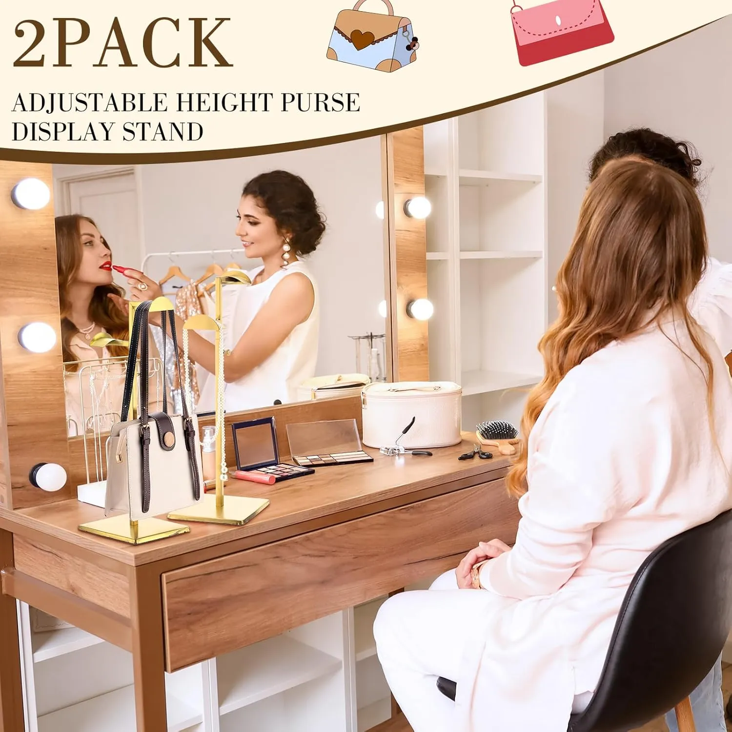 Hicarer Stainless Steel Purse Display Stand Adjustable Height Handbag Display Stand Hanging Double Hook Polished Hanger Bag Holder Hat Jewelry Rack for Boutique Store(Gold,4 Pcs)