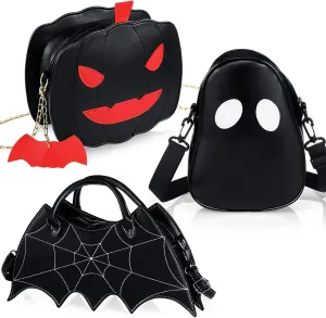 Hillban 3 Pcs Halloween PU Leather Bat Wing Spider Web Shoulder Bag Pumpkin Crossbody Bags Ghost Purse