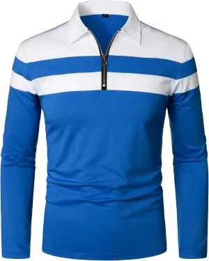 HOOD CREW Men’s Long Sleeve Polo Shirt Casual Slim Fit Shirts Contrast Color Patchwork T Shirts Cotton Tops