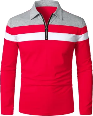 HOOD CREW Men’s Long Sleeve Polo Shirt Casual Slim Fit Shirts Contrast Color Patchwork T Shirts Cotton Tops