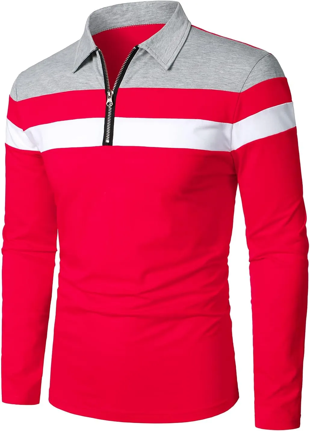 HOOD CREW Men’s Long Sleeve Polo Shirt Casual Slim Fit Shirts Contrast Color Patchwork T Shirts Cotton Tops