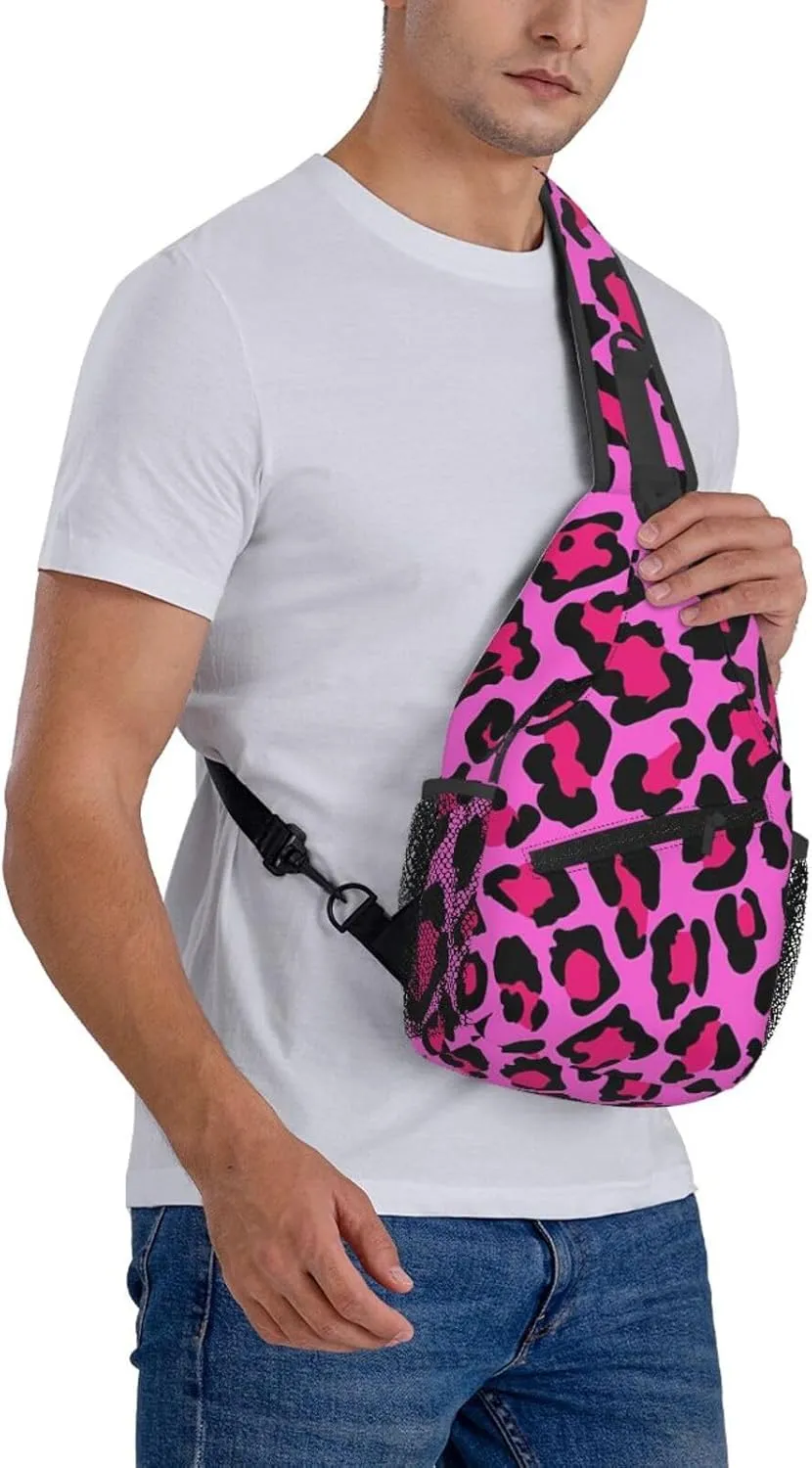 Hot Pink Leopard Sling Bag Adjustable Crossbody Bag Casual Chest Bags Travel Shoulder Backpack For Women Men