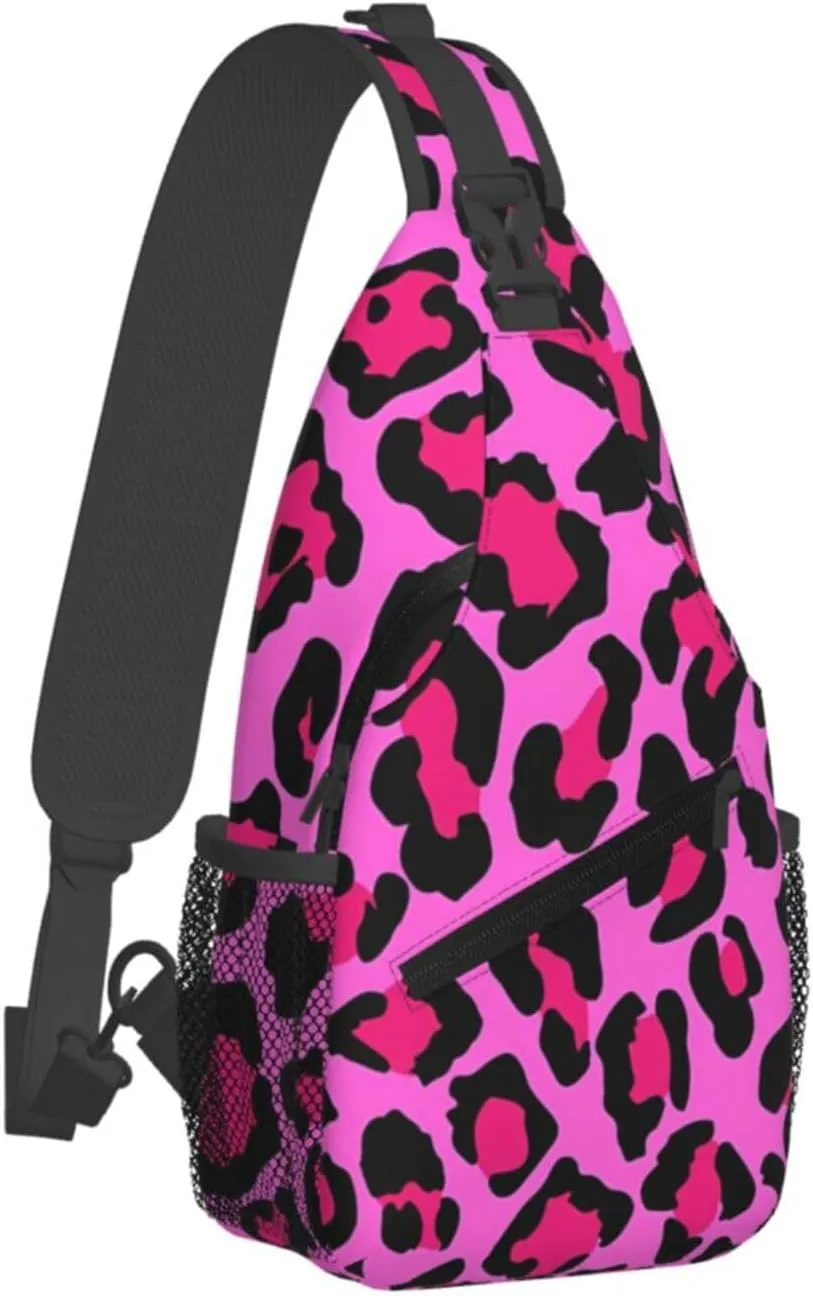 Hot Pink Leopard Sling Bag Adjustable Crossbody Bag Casual Chest Bags Travel Shoulder Backpack For Women Men
