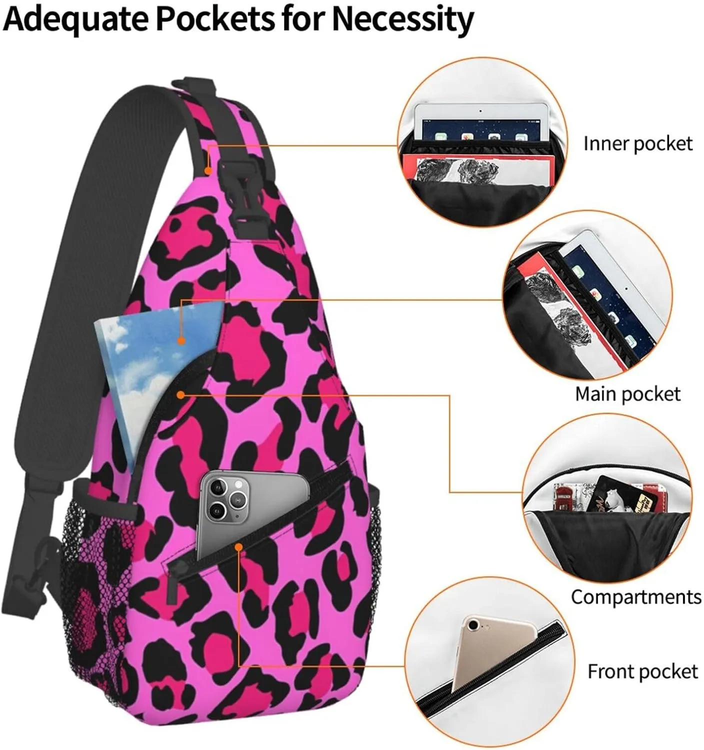 Hot Pink Leopard Sling Bag Adjustable Crossbody Bag Casual Chest Bags Travel Shoulder Backpack For Women Men