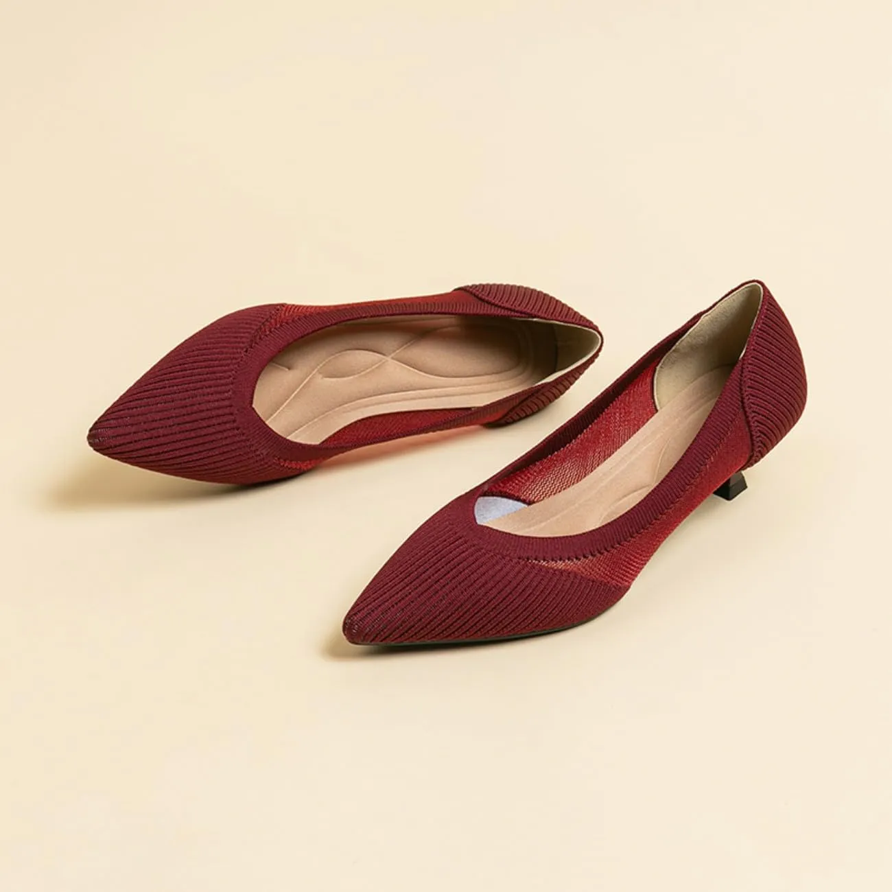 HROYL Women's Knit Pumps Kitten Heels Pointed Toe Slip On Comfortable Casual Formal Dress Shoes