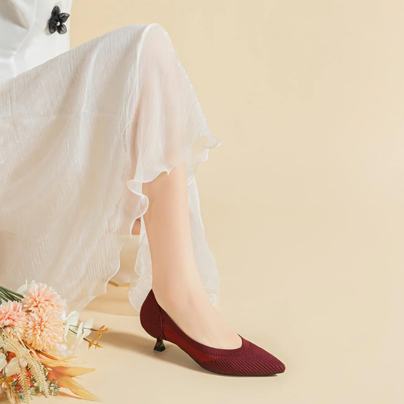 HROYL Women's Knit Pumps Kitten Heels Pointed Toe Slip On Comfortable Casual Formal Dress Shoes