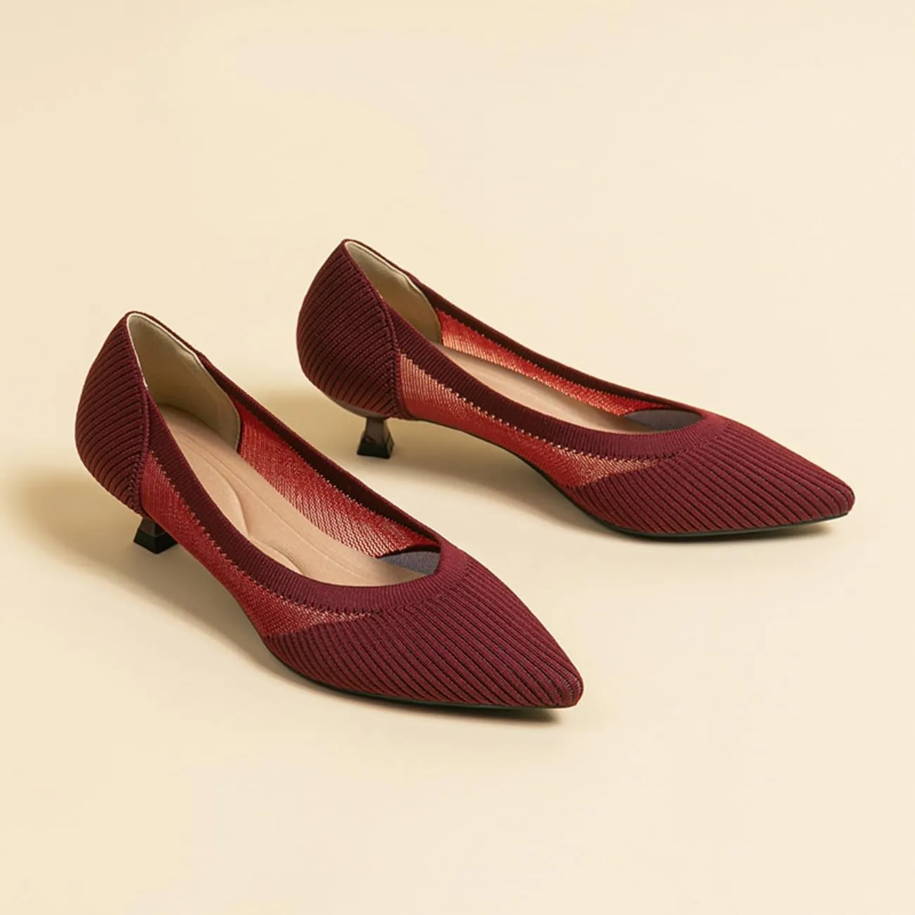 HROYL Women's Knit Pumps Kitten Heels Pointed Toe Slip On Comfortable Casual Formal Dress Shoes
