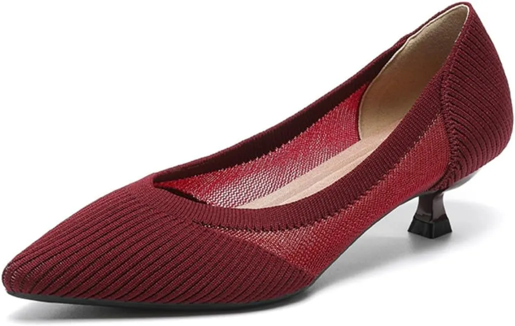 HROYL Women's Knit Pumps Kitten Heels Pointed Toe Slip On Comfortable Casual Formal Dress Shoes