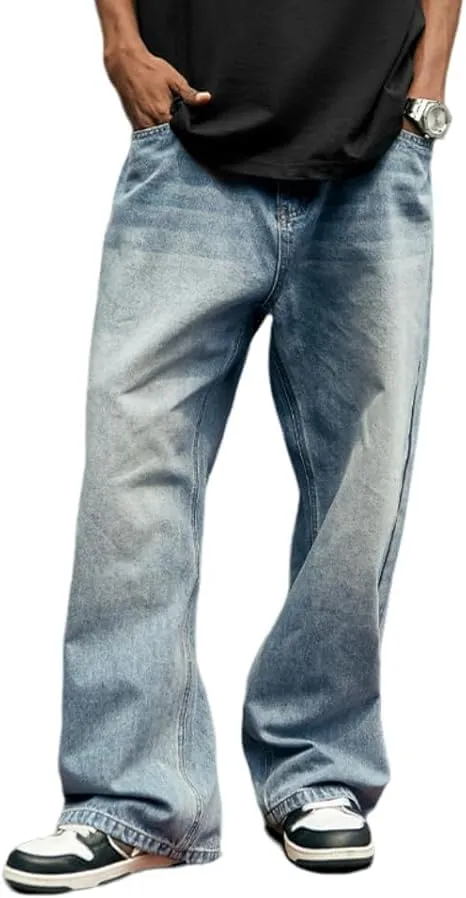 HUNGSON Mens Baggy Jeans for Men Women Y2k Skater Vintage Plain Pants Casual Wide Leg Jeans Loose Fit Denim Jeans