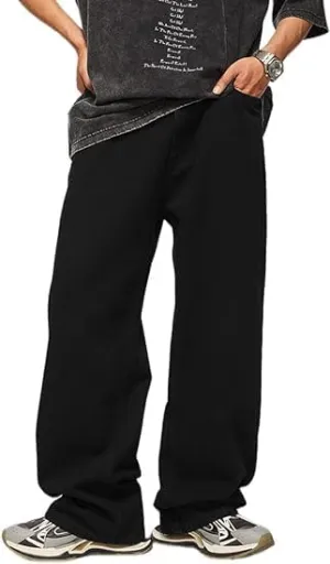 HUNGSON Mens Baggy Jeans for Men Women Y2k Skater Vintage Plain Pants Casual Wide Leg Jeans Loose Fit Denim Jeans