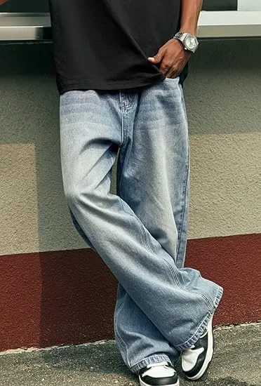 HUNGSON Mens Baggy Jeans for Men Women Y2k Skater Vintage Plain Pants Casual Wide Leg Jeans Loose Fit Denim Jeans