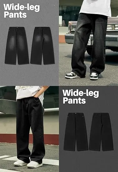 HUNGSON Mens Baggy Jeans for Men Women Y2k Skater Vintage Plain Pants Casual Wide Leg Jeans Loose Fit Denim Jeans
