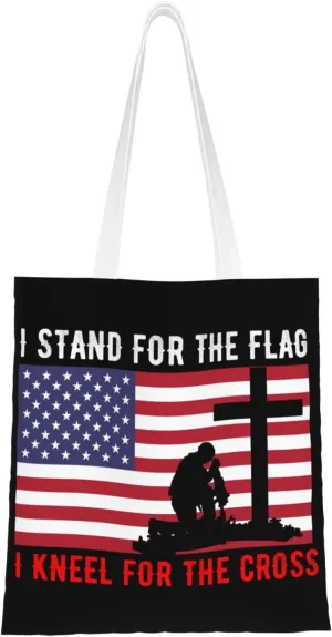 I Stand For The Flag And I Kneel For The Cross Tote Bag for Women Canvas Shopping Bags Reusable Large Capacity Casual Shoulder Handbags Grocery Bags DIY Gift Bags