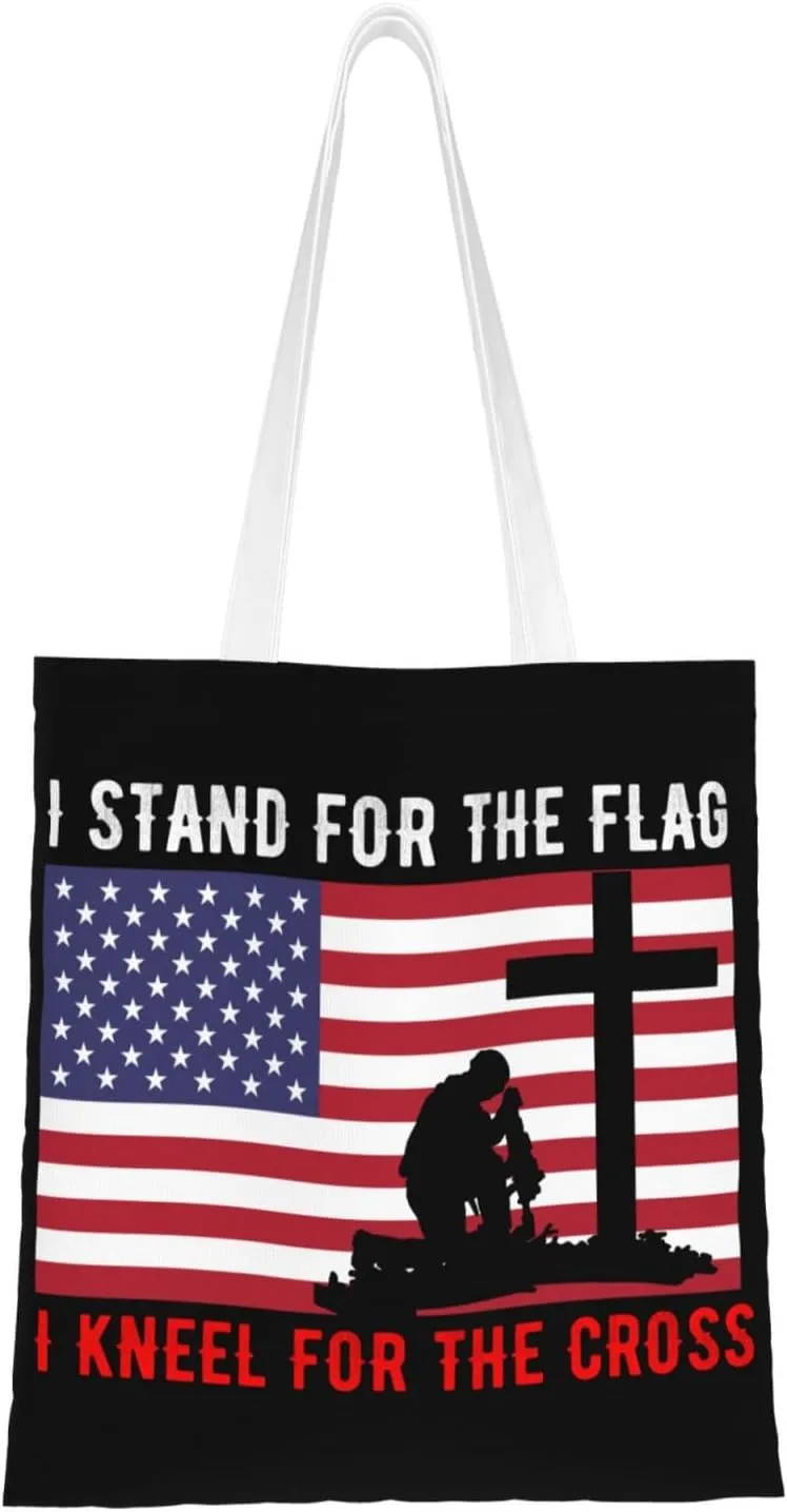 I Stand For The Flag And I Kneel For The Cross Tote Bag for Women Canvas Shopping Bags Reusable Large Capacity Casual Shoulder Handbags Grocery Bags DIY Gift Bags