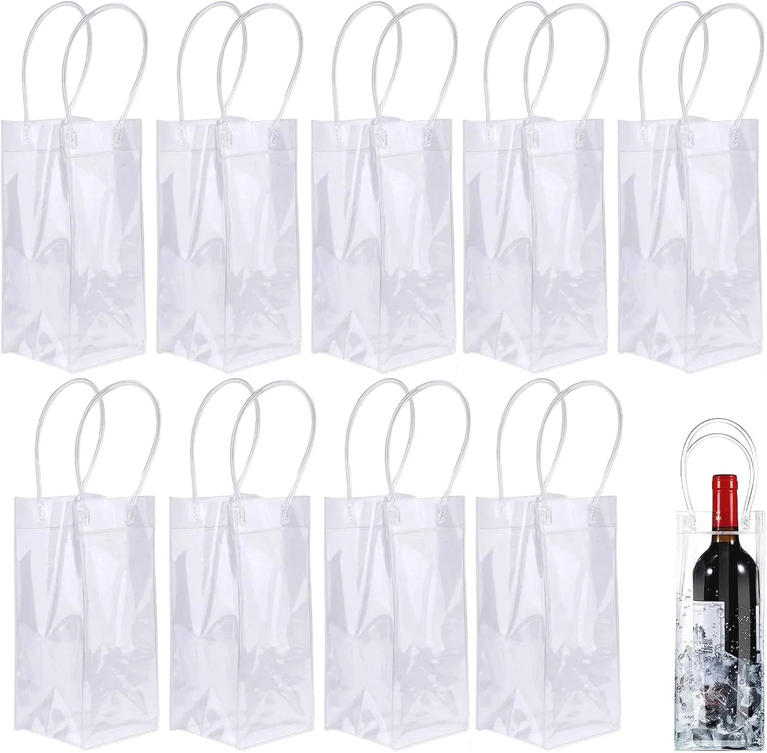 Ice Wine Bag, Portable Collapsible Clear Wine Pouch, Clear PVC Gift Bags with Handles for Wedding Party Travel Champagne Beer White Wine Chilled Beverages(10 Pack)