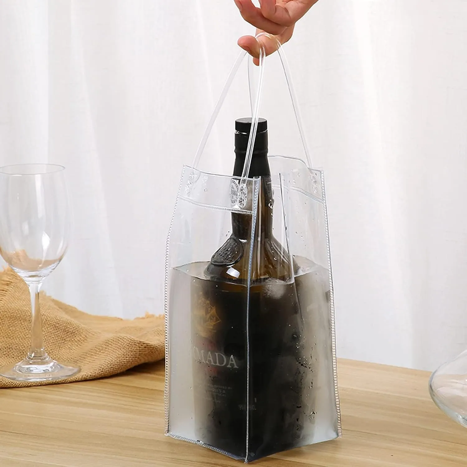 Ice Wine Bag, Portable Collapsible Clear Wine Pouch, Clear PVC Gift Bags with Handles for Wedding Party Travel Champagne Beer White Wine Chilled Beverages(10 Pack)