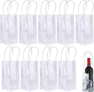 Ice Wine Bag, Portable Collapsible Clear Wine Pouch, Clear PVC Gift Bags with Handles for Wedding Party Travel Champagne Beer White Wine Chilled Beverages(10 Pack)