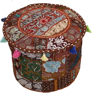 Indian Pouf Ottoman Cover Vintage Patchwork Dark Brown Round Bean Bag Decorative Tuffet Cotton Embroidered Pouffe Foot Rest Floral Traditional 16x16x13