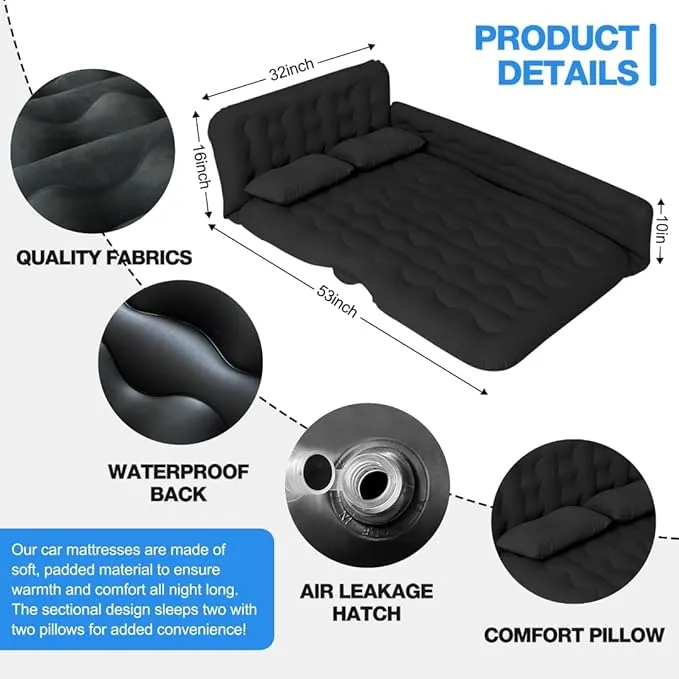 Inflatable Car Air Mattress Car Air Mattress SUV Air Mattress Car Mattress Back Seat Inflatable Bed Portable Foldable Car Air Bed SUV Sleeping Pad Car Bed Mattress Inflatable Car Mattress -BLACK(02)