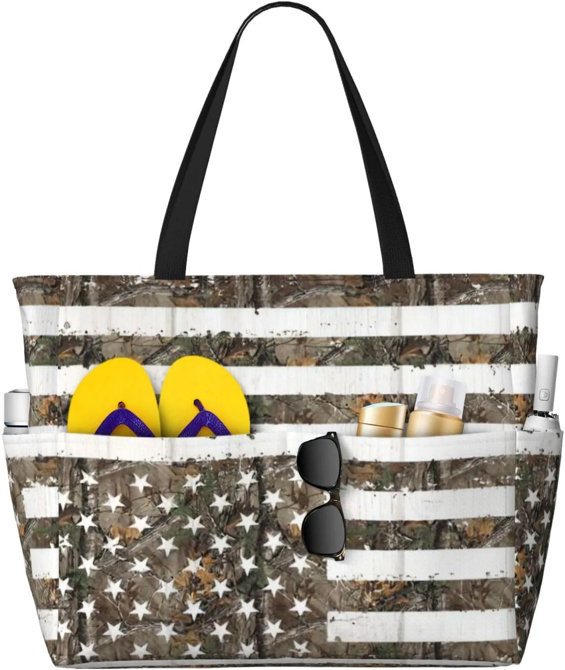 Interstellar American flag Camouflage print Large Waterproof Beach Bag for Women Tote Bag for Travel Vacation fun Travel Bag